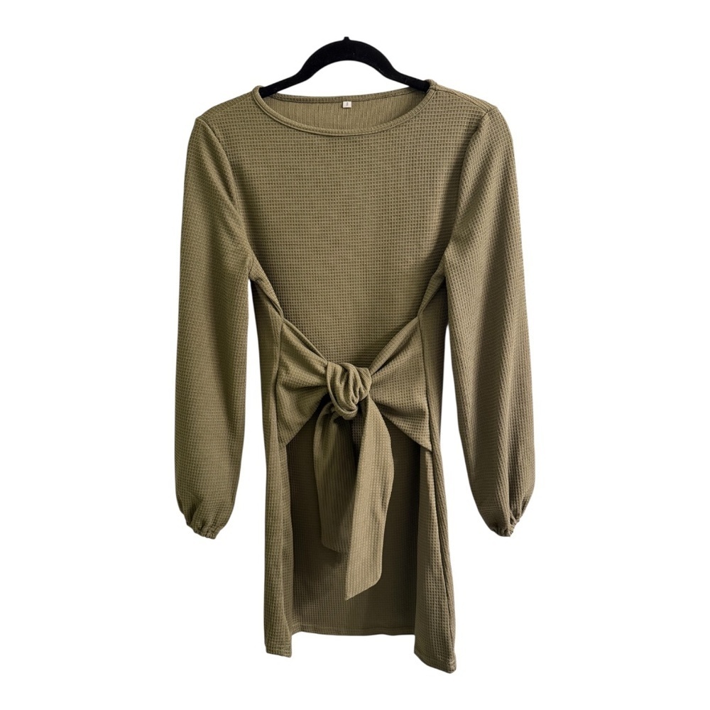 Women’s Elegant Lantern Long Sleeve Crewneck Tie Waist dress - Picture 3 of 5